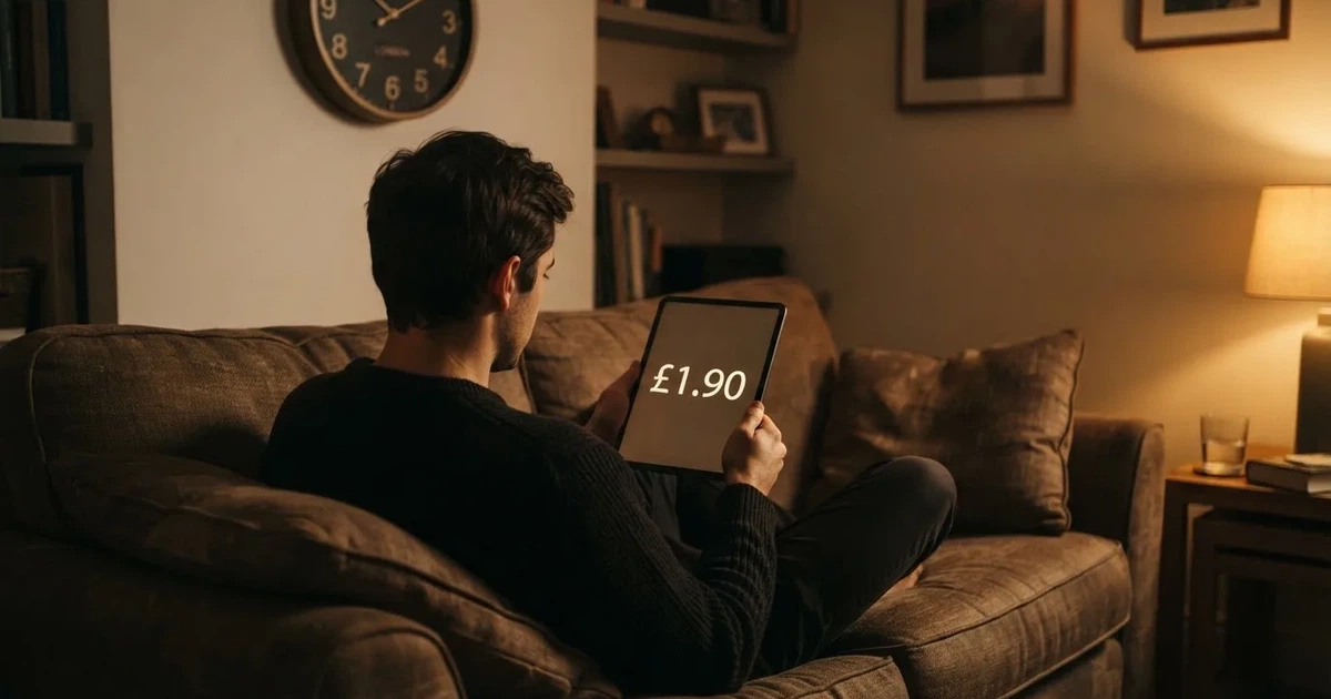 A person on a sofa looking thoughtfully at a tablet, a wall clock in the background