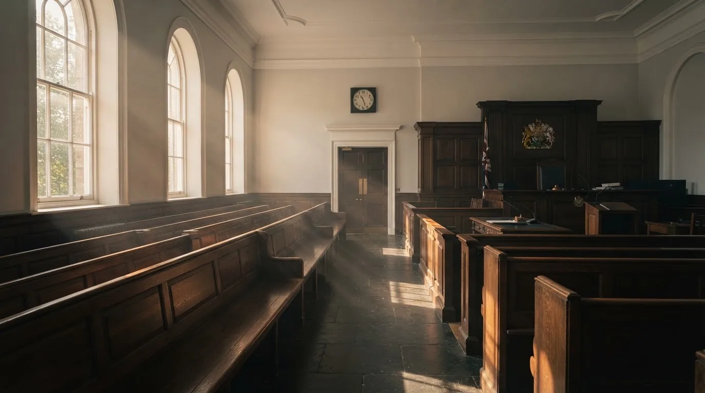 An empty courtroom with wooden benches in morning light