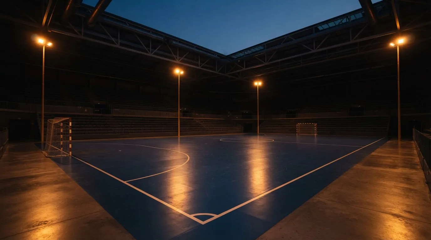 An empty football stadium with floodlight masts at dusk