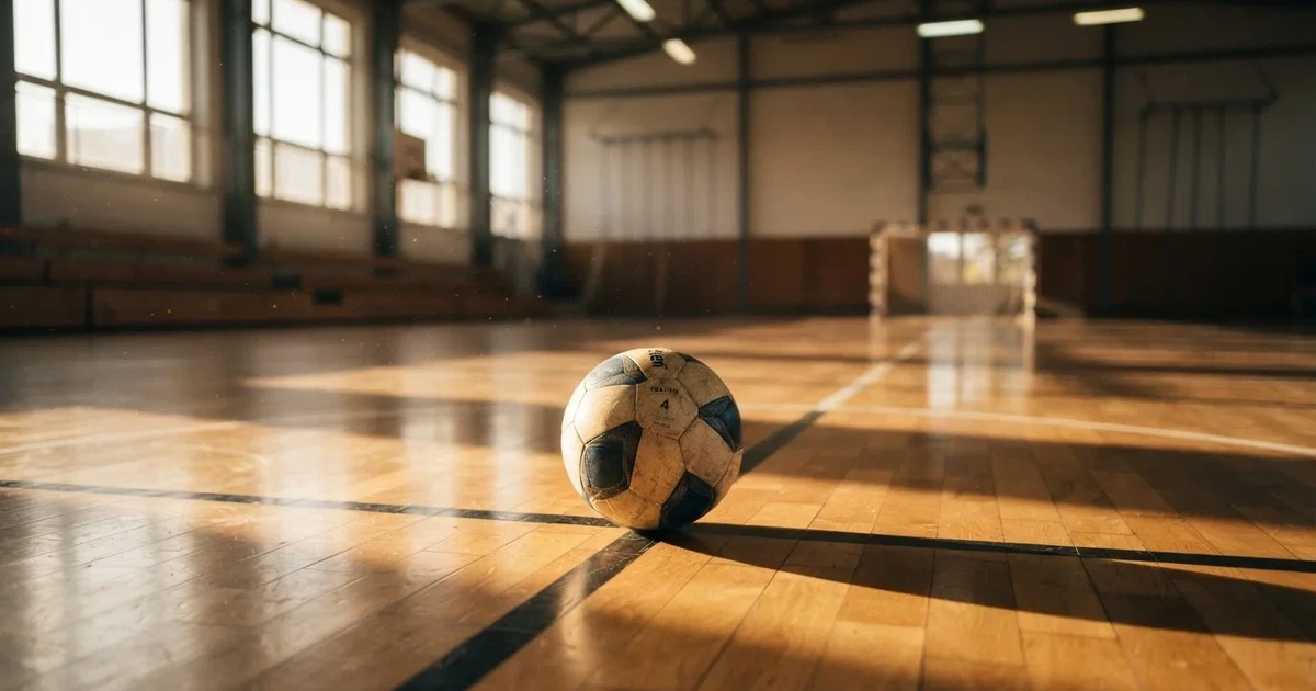 A ball on the centre spot of a grass pitch in morning light