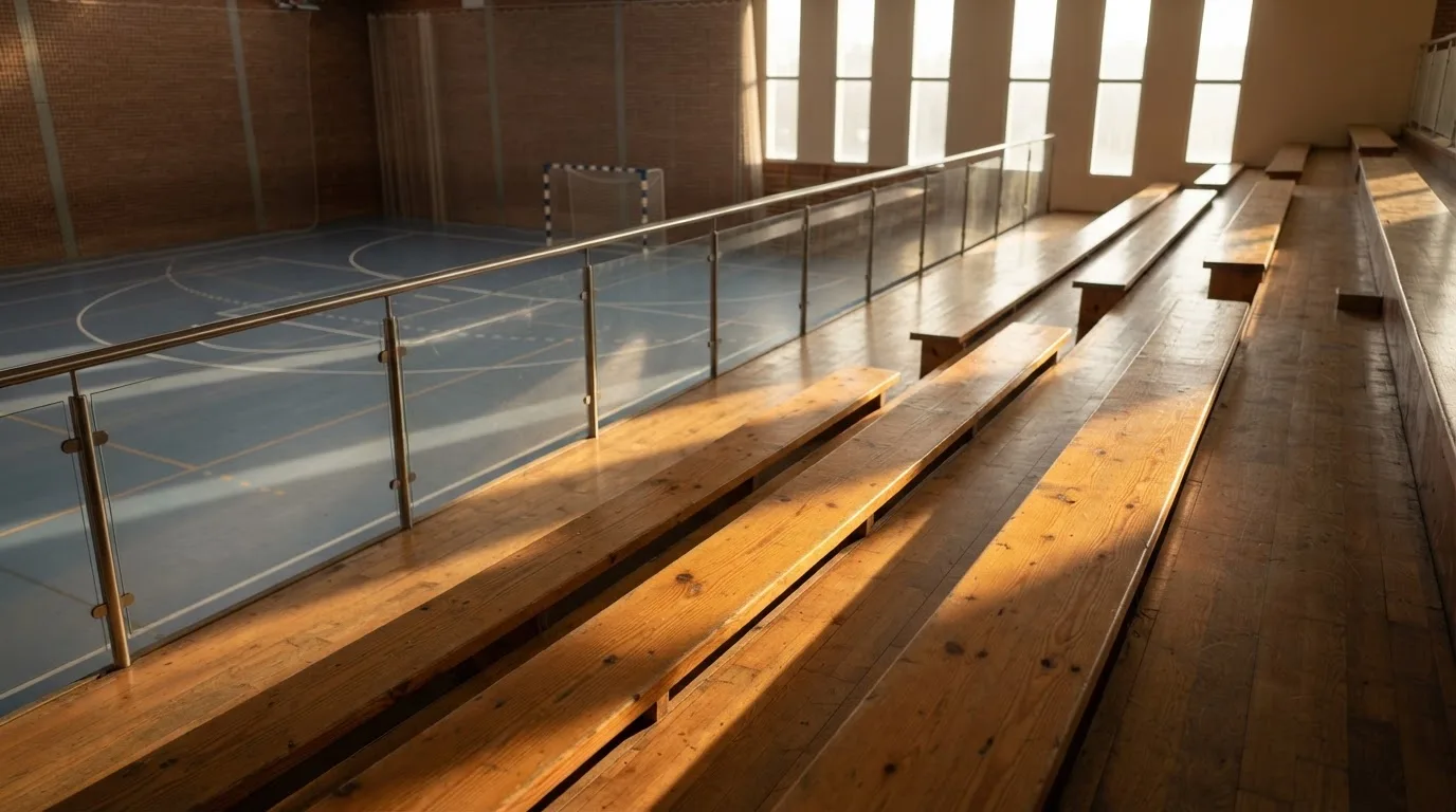 An empty courtroom with wooden benches in morning light