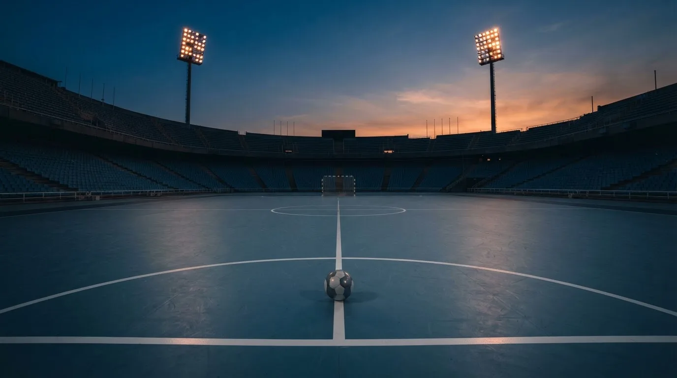 An empty football stadium with floodlight masts at dusk