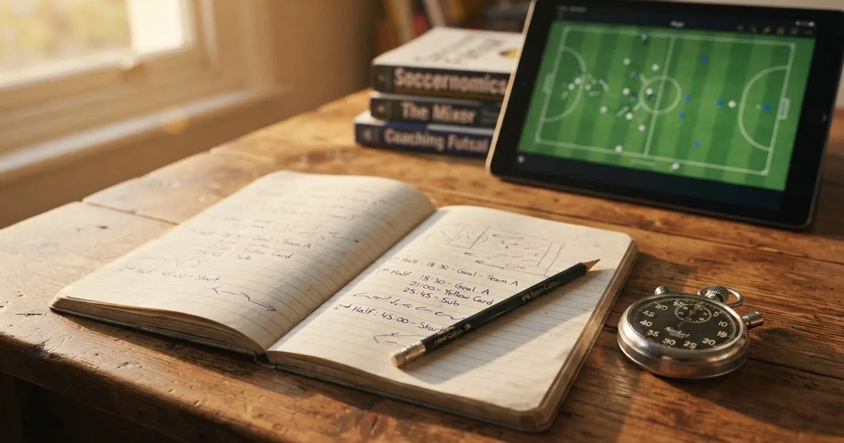 An open notebook with a pencil and a stopwatch on a wooden table
