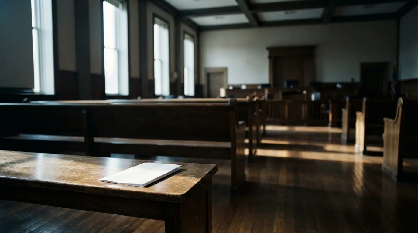 An empty courtroom with wooden benches in morning light
