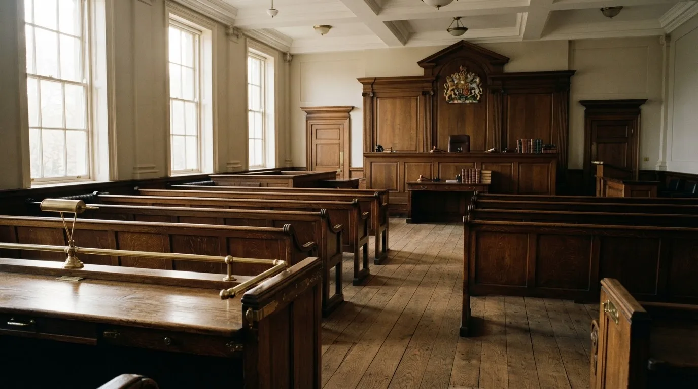 An empty courtroom with wooden benches in morning light