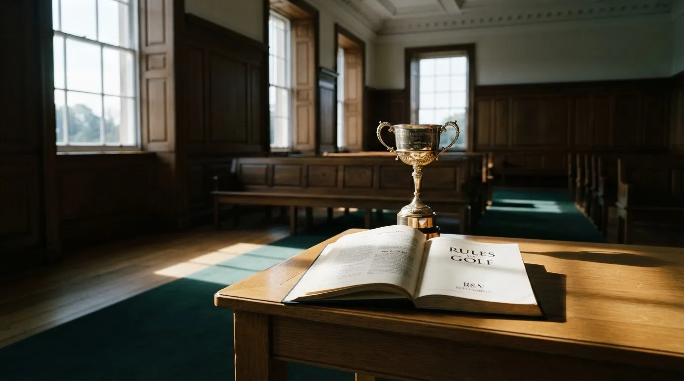 An empty courtroom with wooden benches in morning light