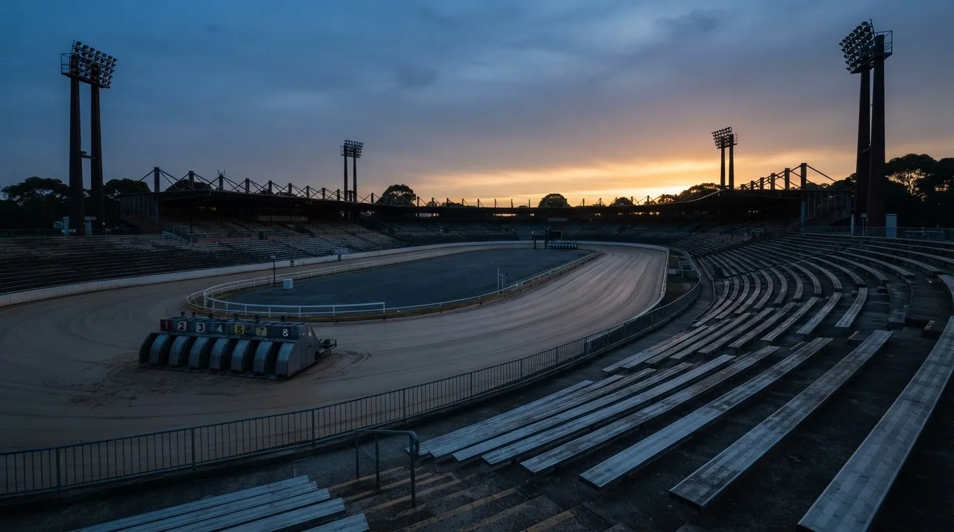 An empty football stadium with floodlight masts at dusk