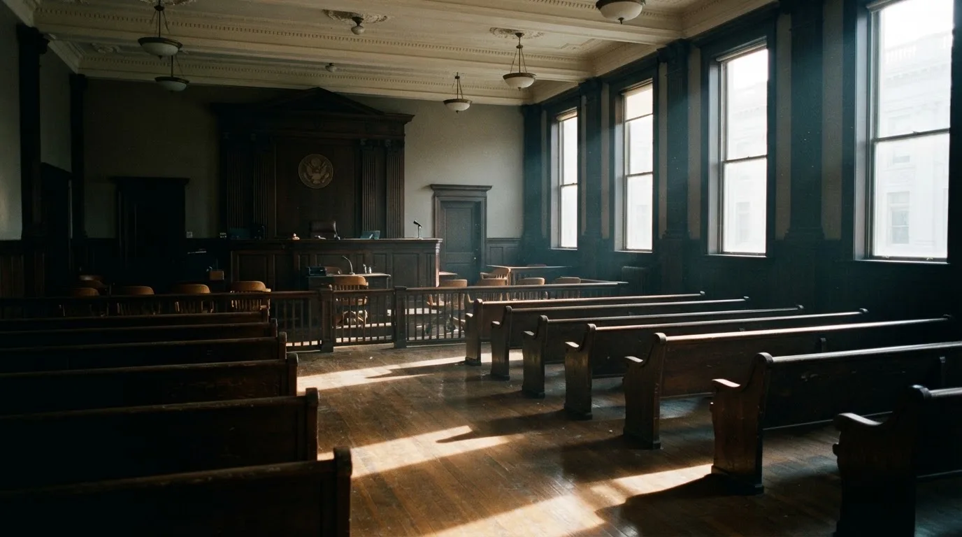 An empty courtroom with wooden benches in morning light