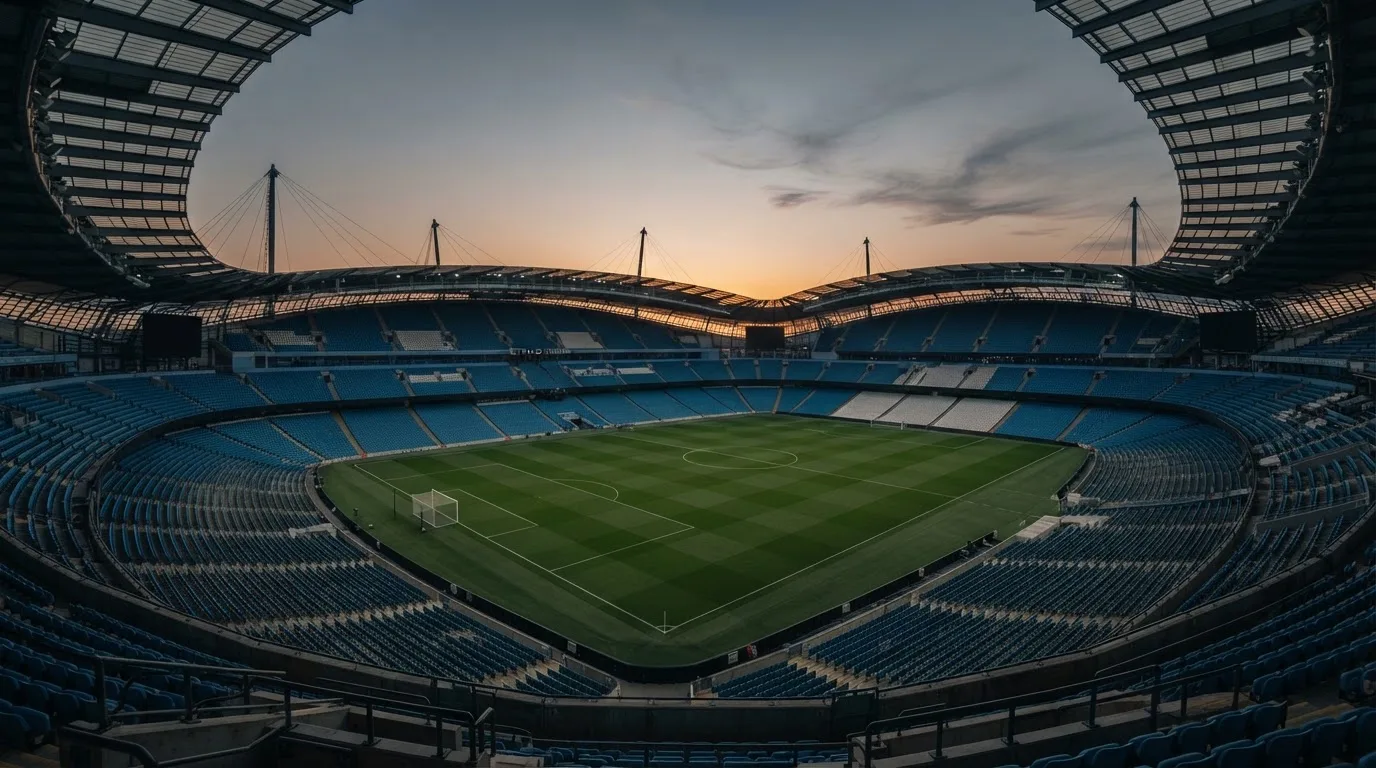 An empty football stadium with floodlight masts at dusk