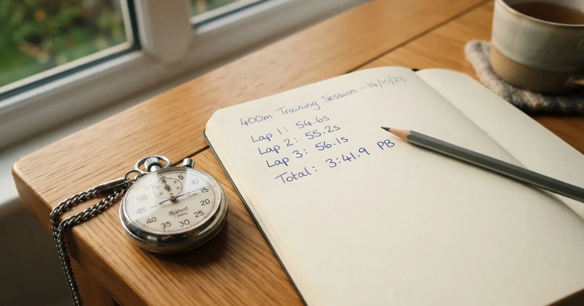 An open notebook with a pencil and a stopwatch on a wooden table