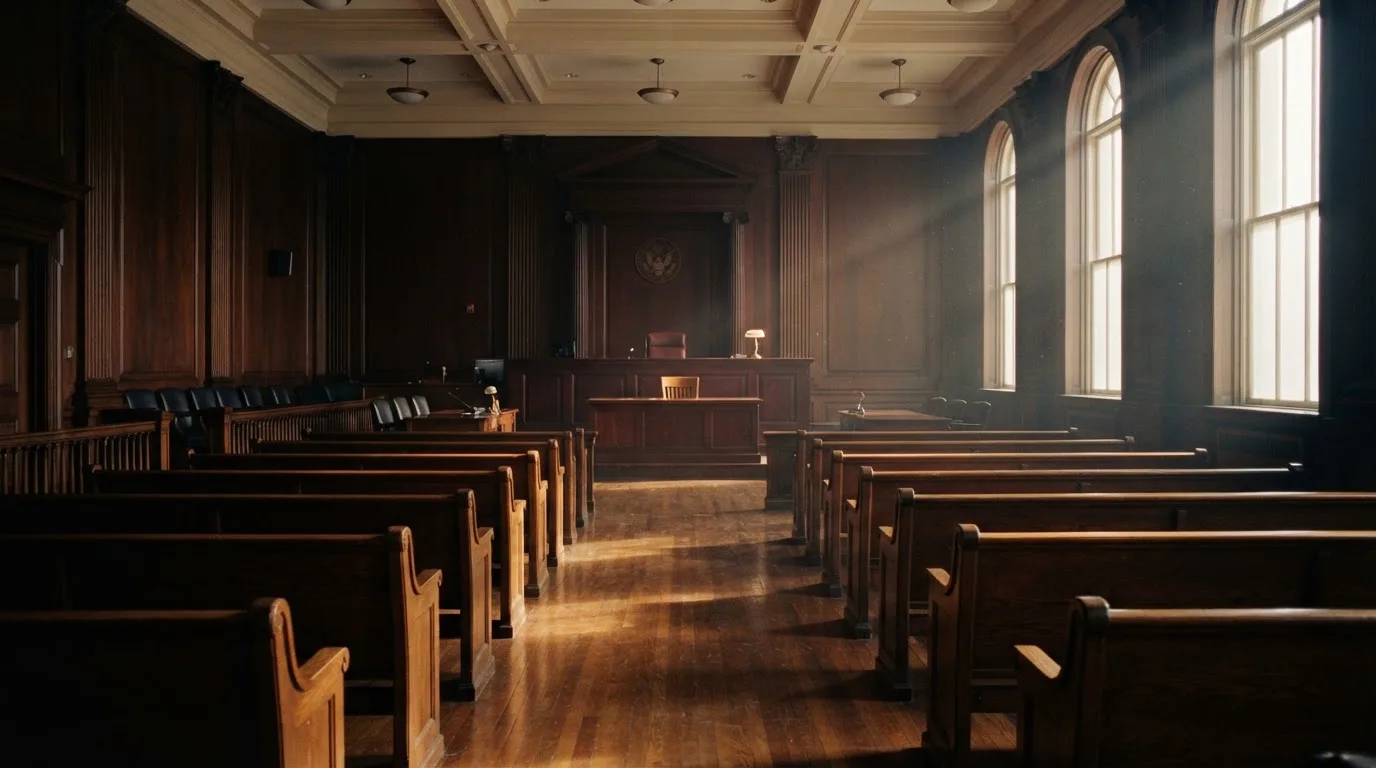 An empty courtroom with wooden benches in morning light
