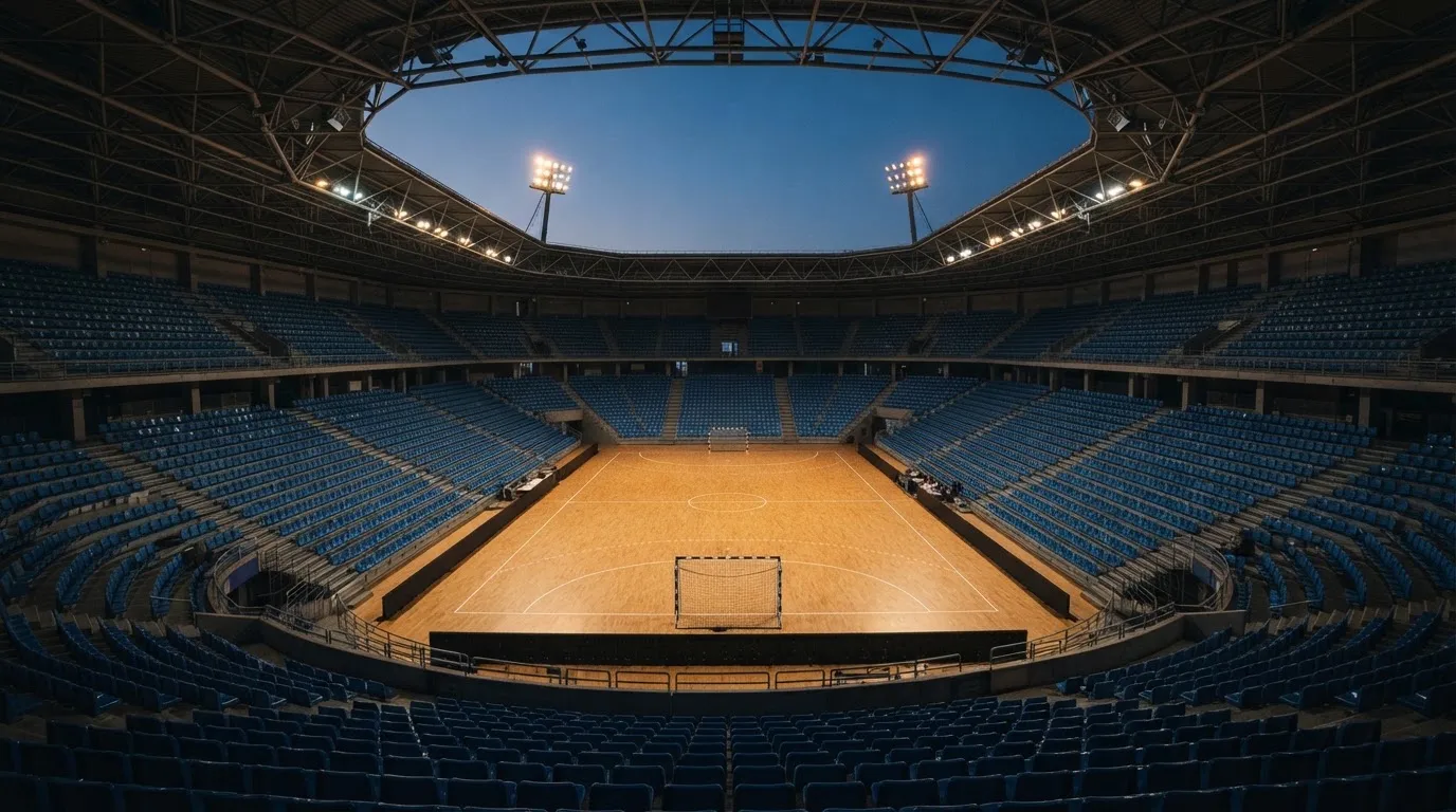 An empty football stadium with floodlight masts at dusk