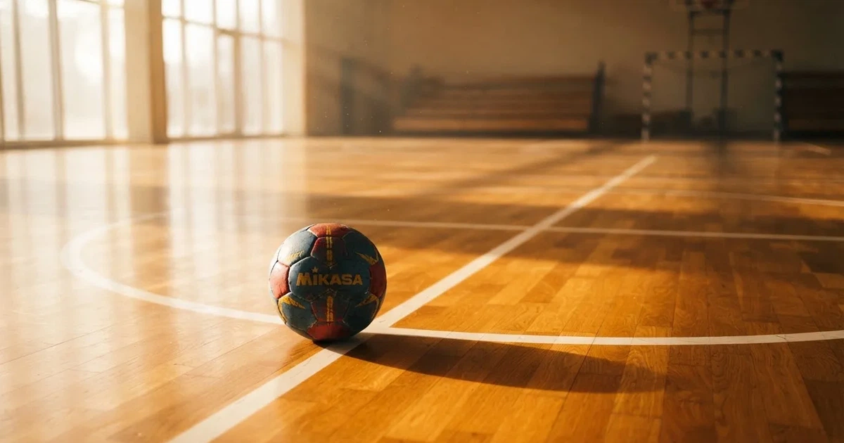A ball on the centre spot of a grass pitch in morning light