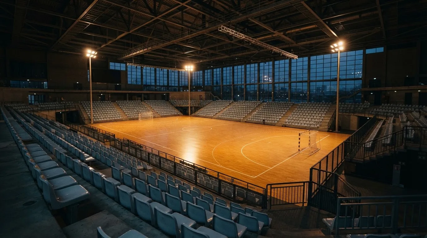 An empty football stadium with floodlight masts at dusk