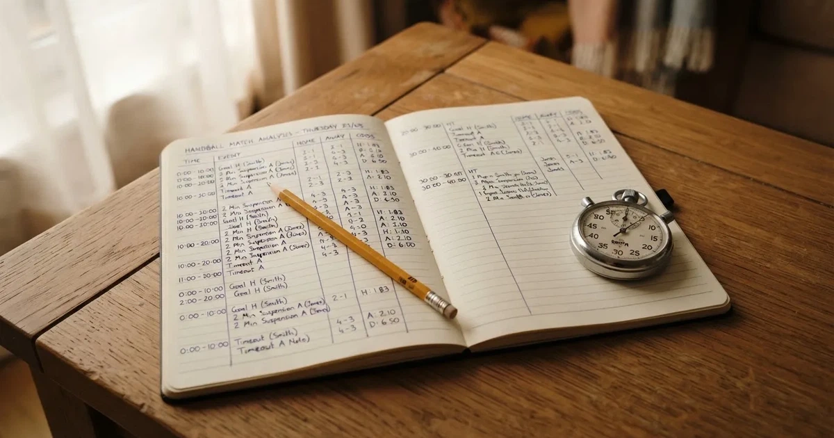 An open notebook with a pencil and a stopwatch on a wooden table