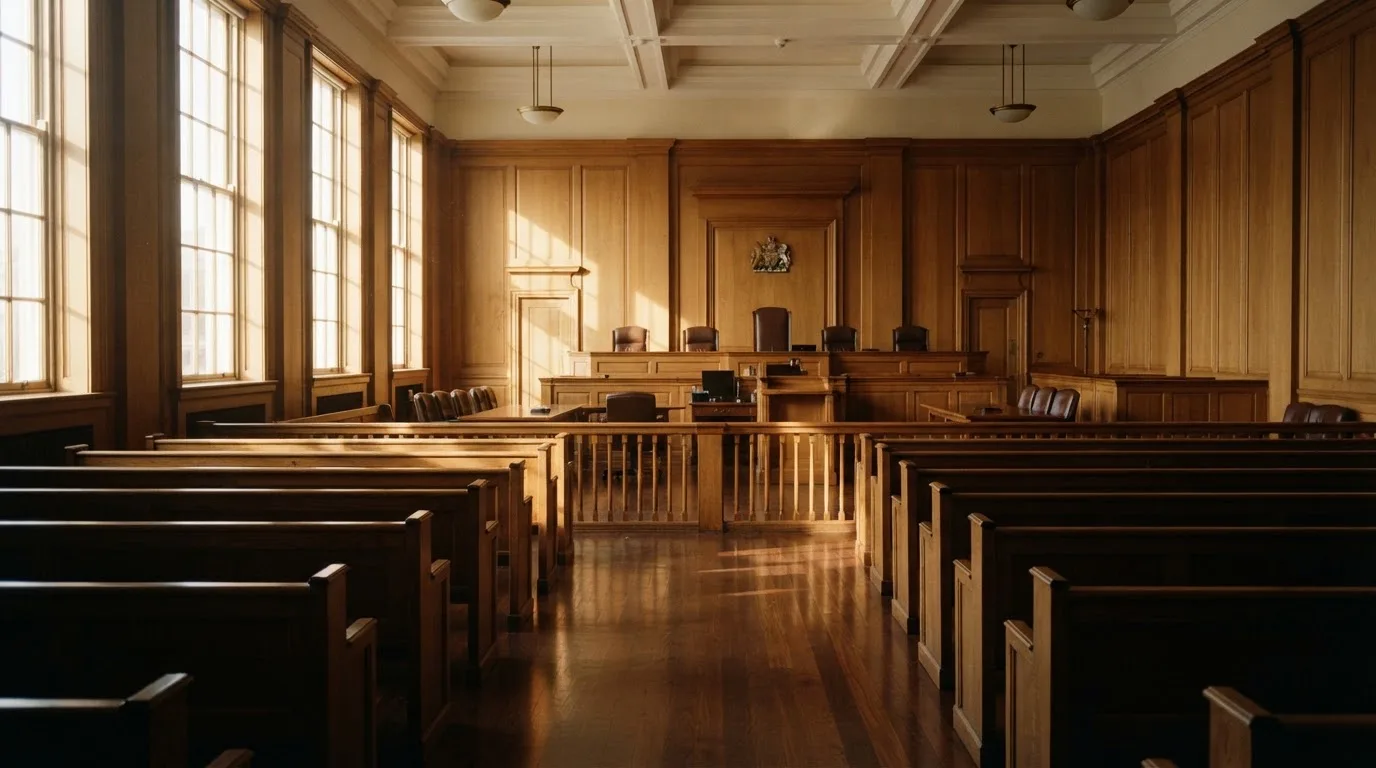 An empty courtroom with wooden benches in morning light