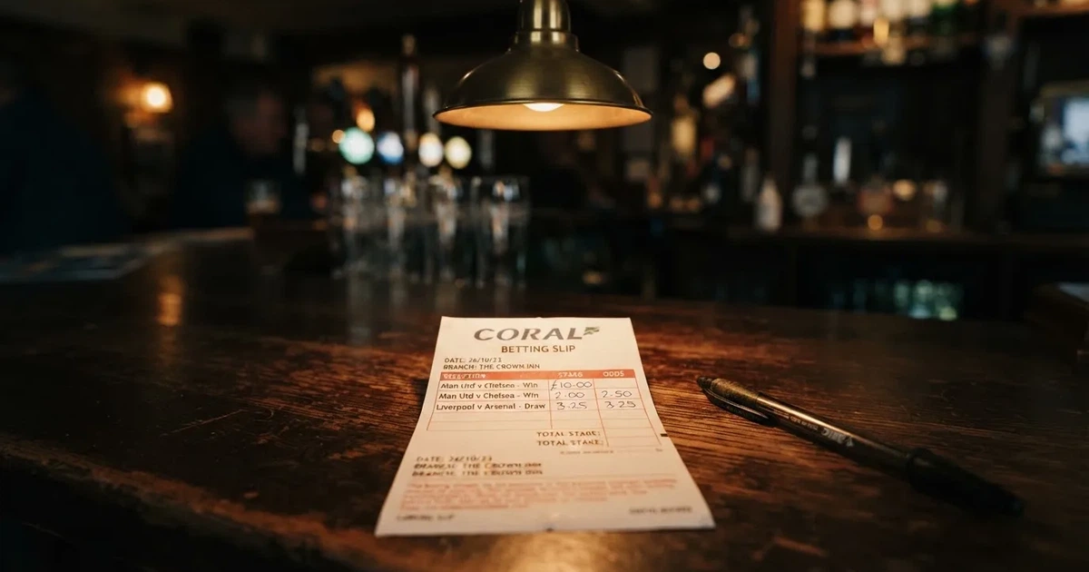 A blank paper betting slip beside a pen on a wooden counter
