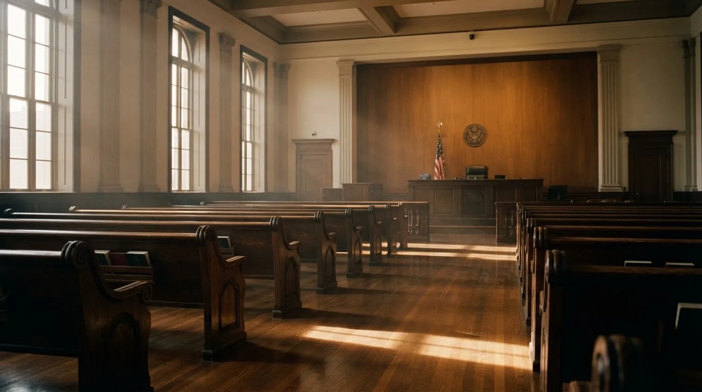 An empty courtroom with wooden benches in morning light