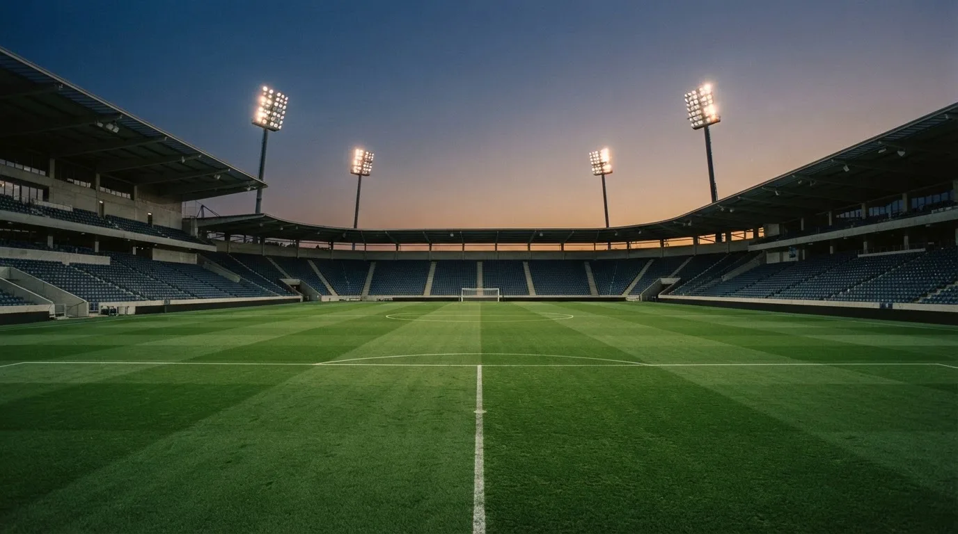 An empty football stadium with floodlight masts at dusk