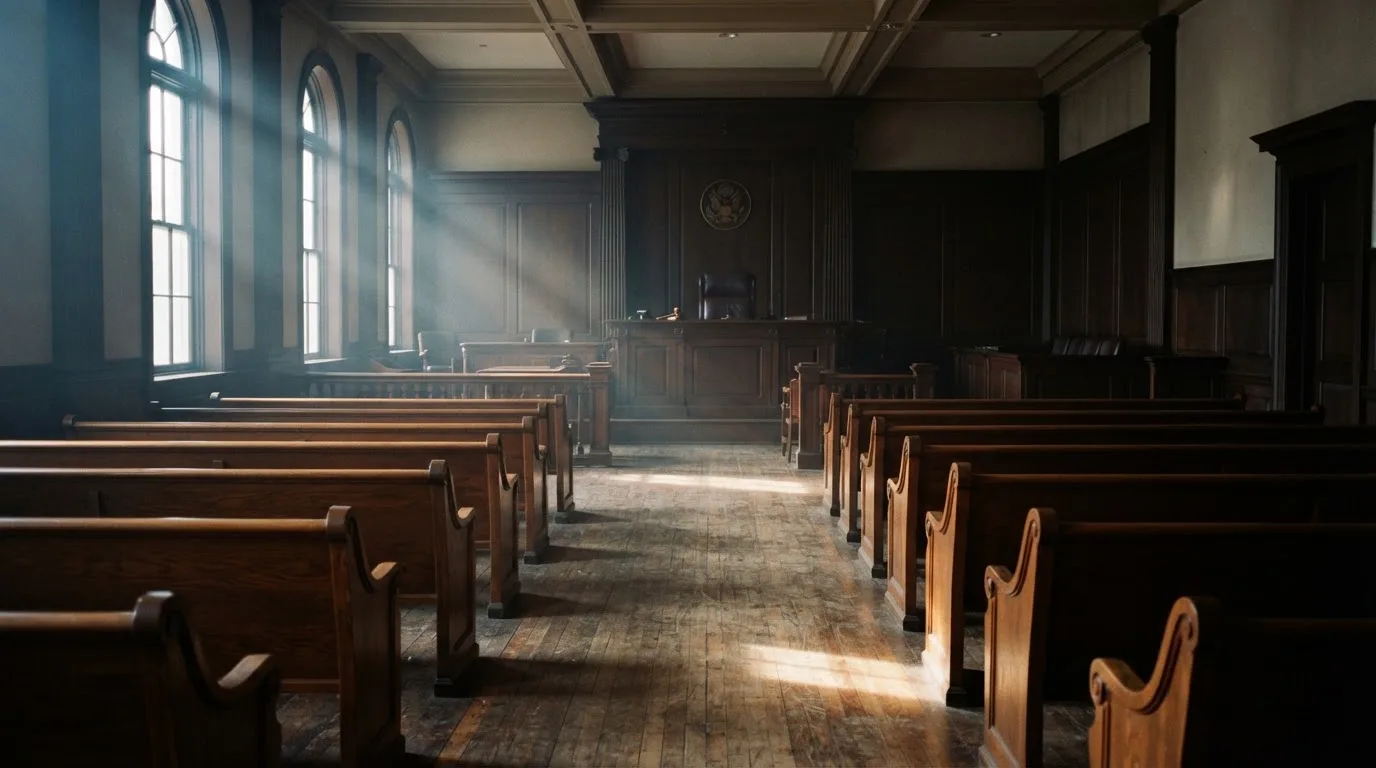 An empty courtroom with wooden benches in morning light