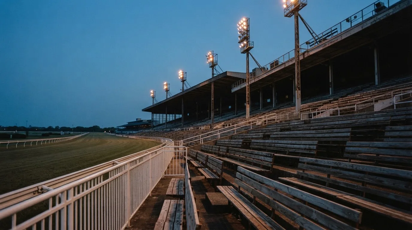 An empty football stadium with floodlight masts at dusk