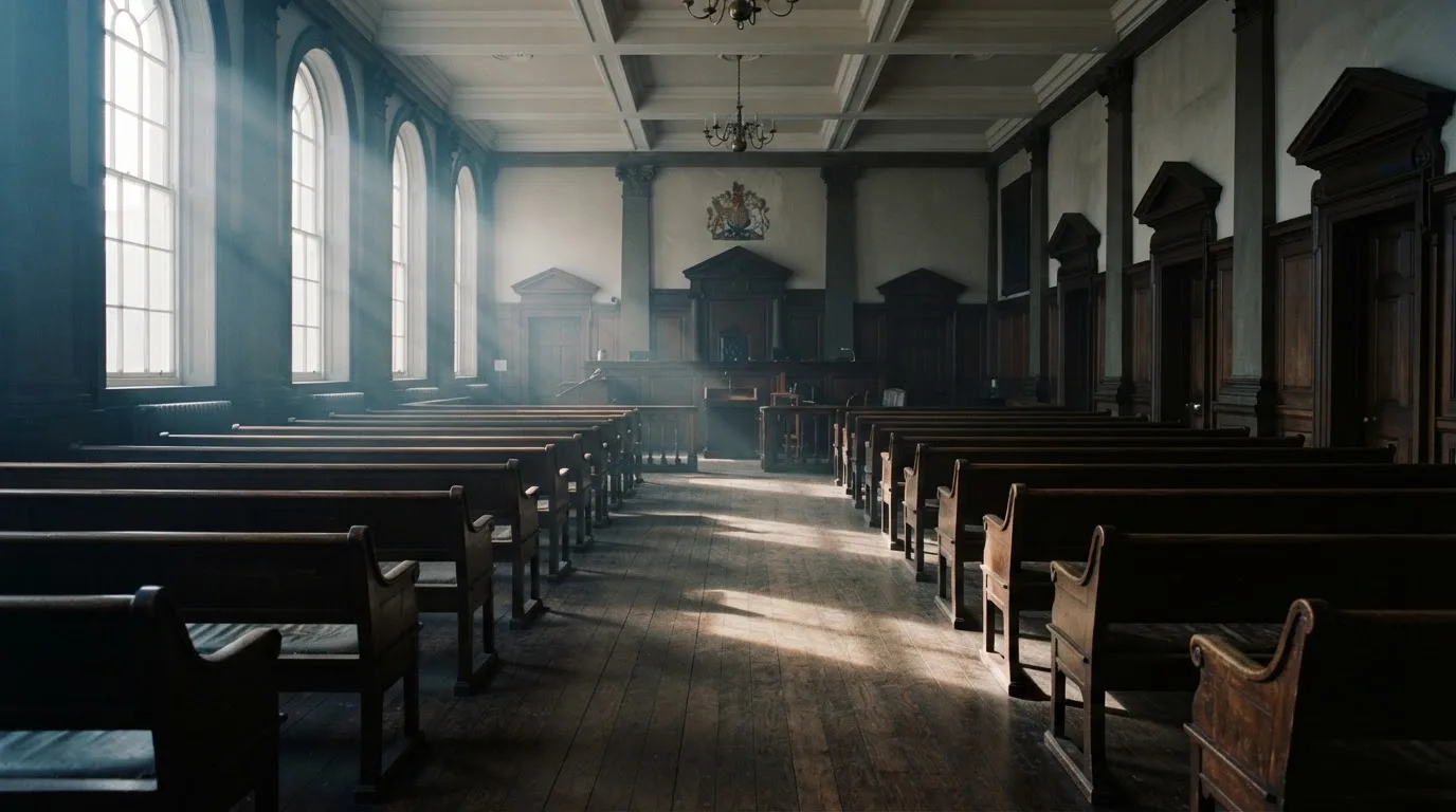 An empty courtroom with wooden benches in morning light