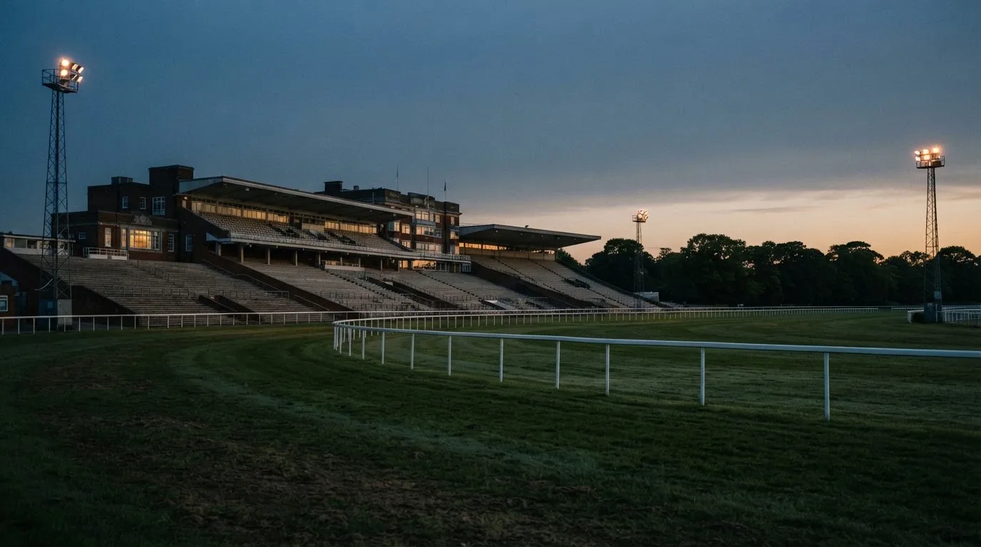 An empty football stadium with floodlight masts at dusk