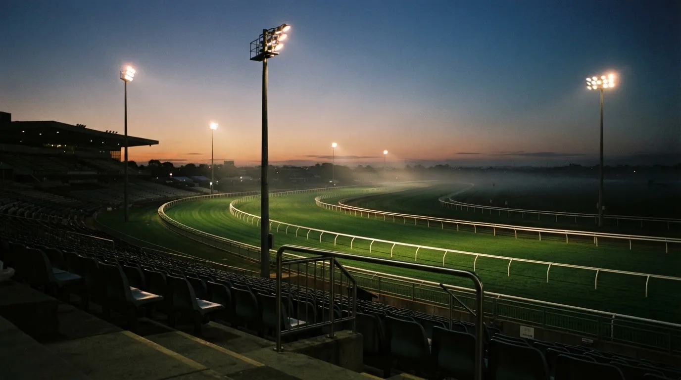 An empty football stadium with floodlight masts at dusk
