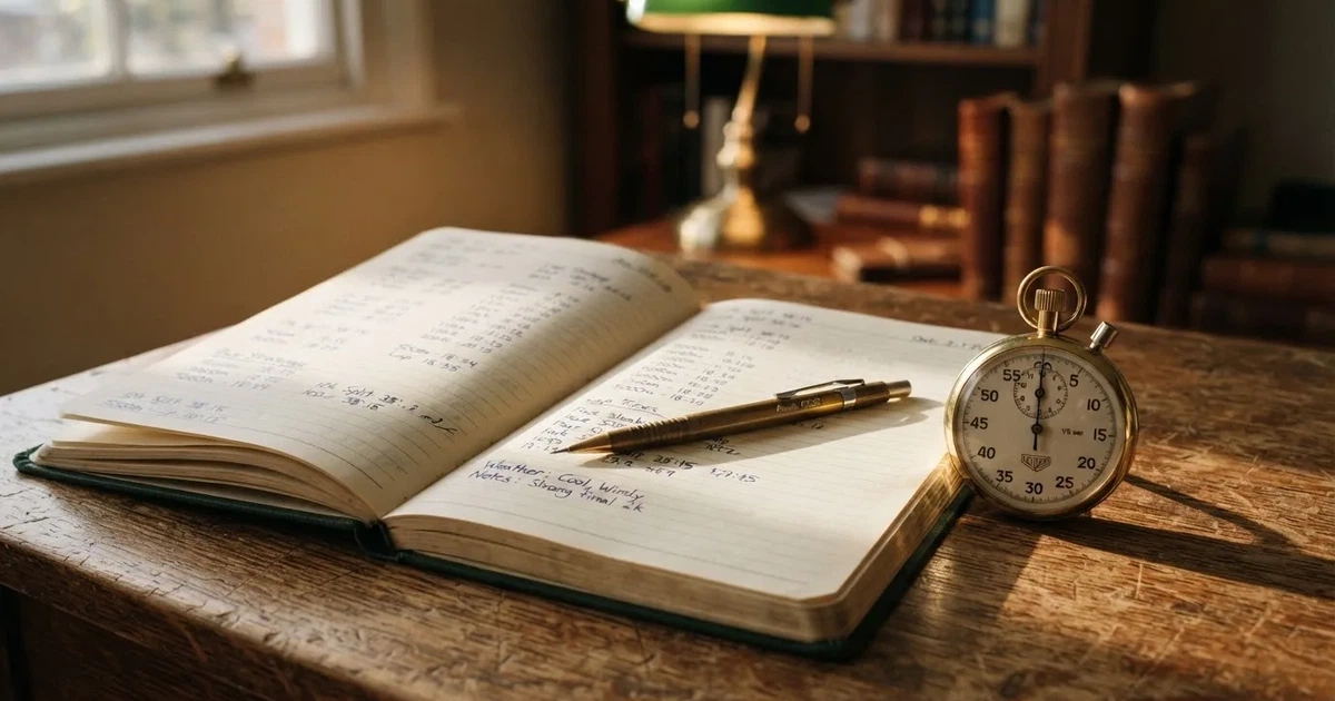An open notebook with a pencil and a stopwatch on a wooden table