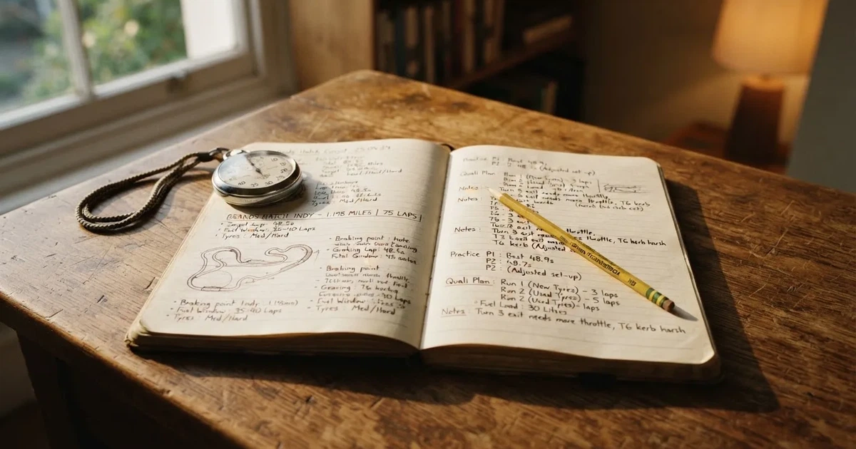 An open notebook with a pencil and a stopwatch on a wooden table