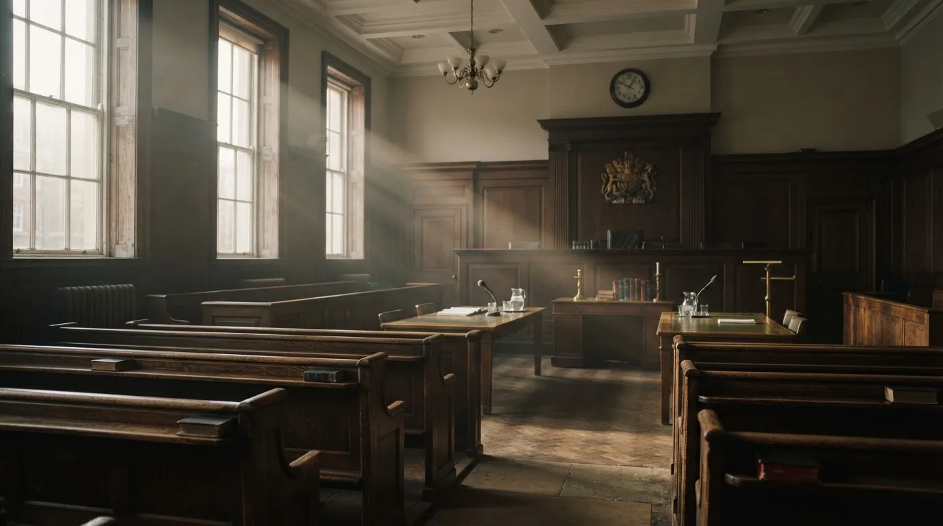 An empty courtroom with wooden benches in morning light