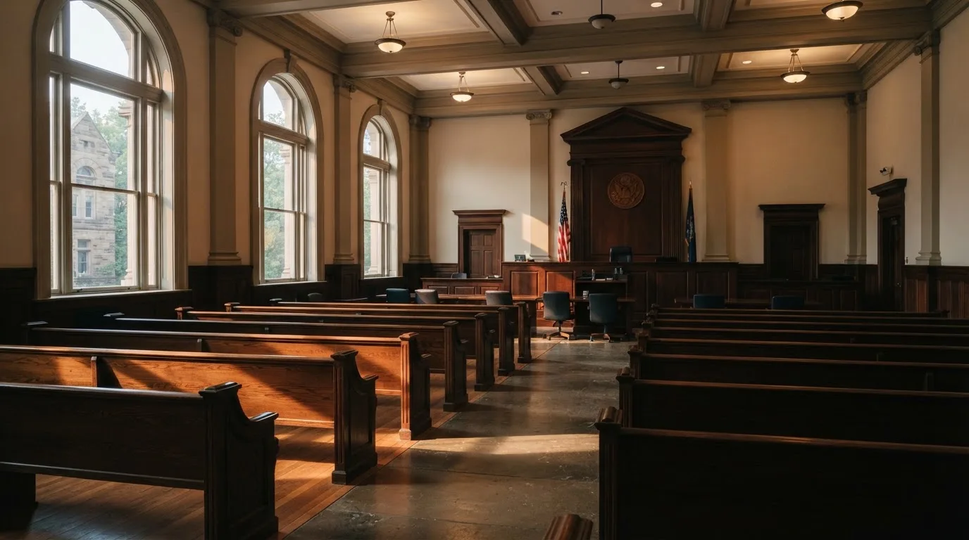 An empty courtroom with wooden benches in morning light