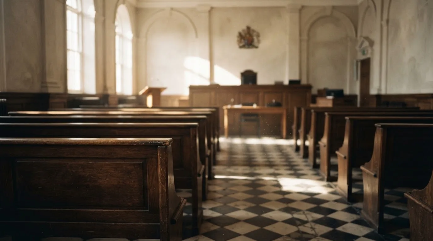 An empty courtroom with wooden benches in morning light