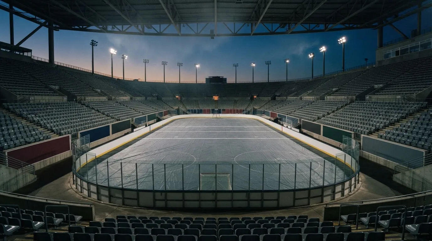 An empty football stadium with floodlight masts at dusk