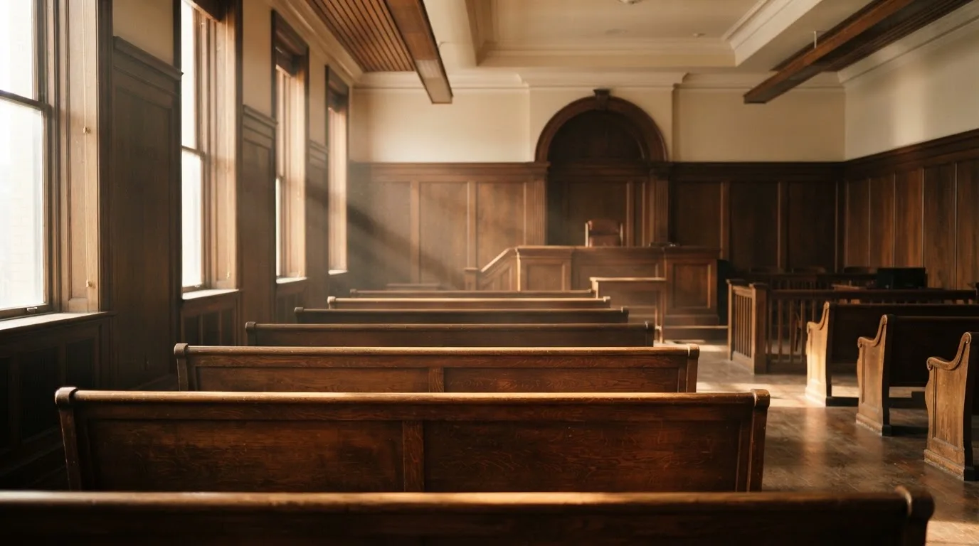An empty courtroom with wooden benches in morning light