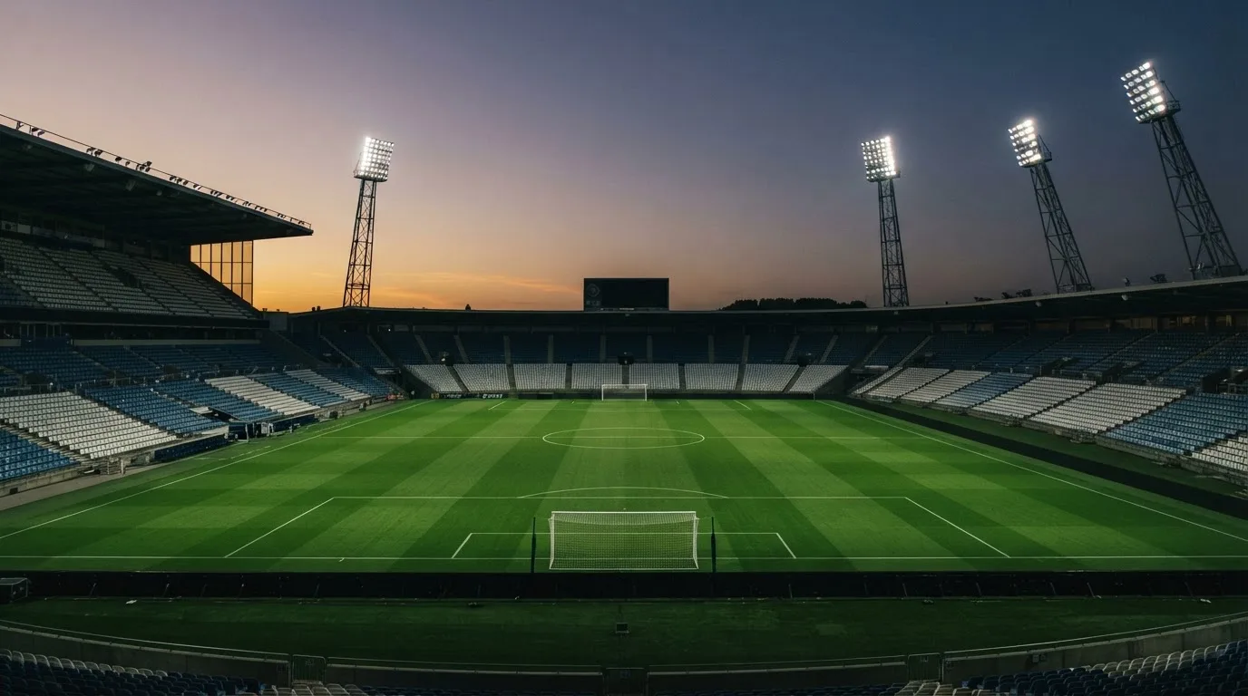 An empty football stadium with floodlight masts at dusk