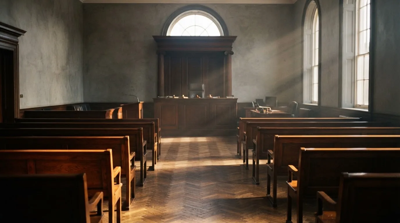 An empty courtroom with wooden benches in morning light
