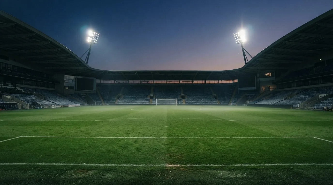 An empty football stadium with floodlight masts at dusk