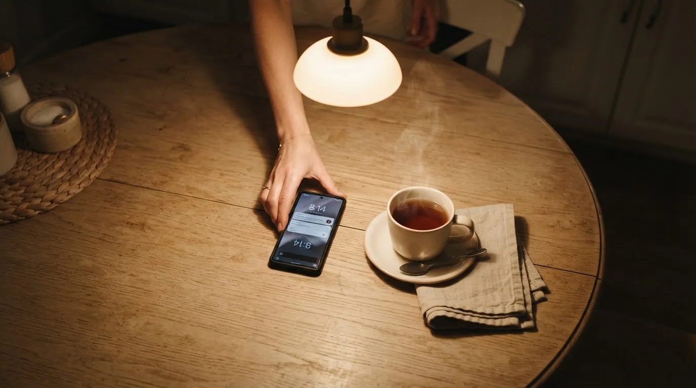 A hand setting a smartphone down beside a cup of tea on a kitchen table on a quiet evening