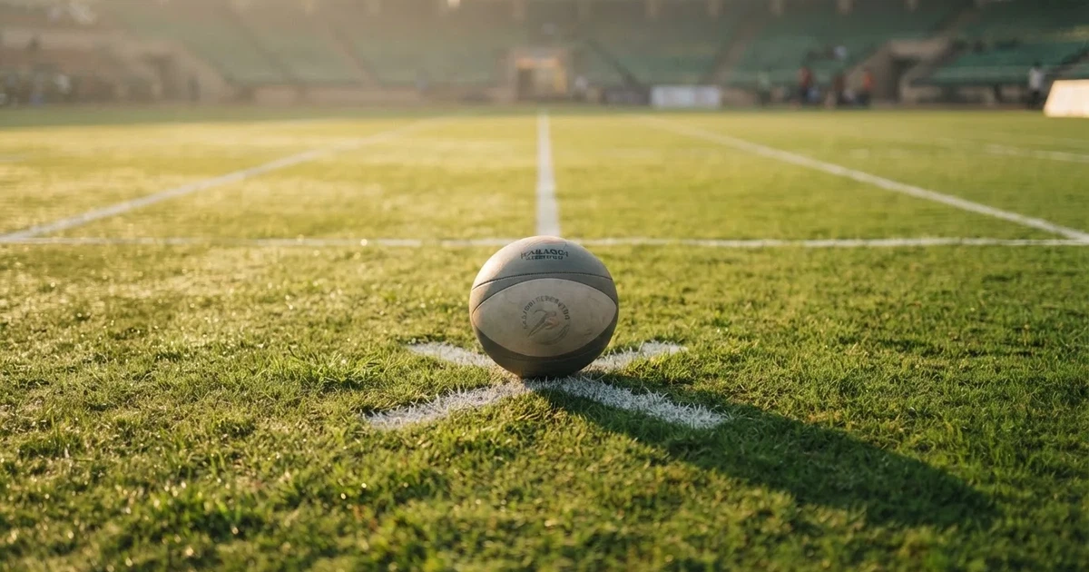 A ball on the centre spot of a grass pitch in morning light