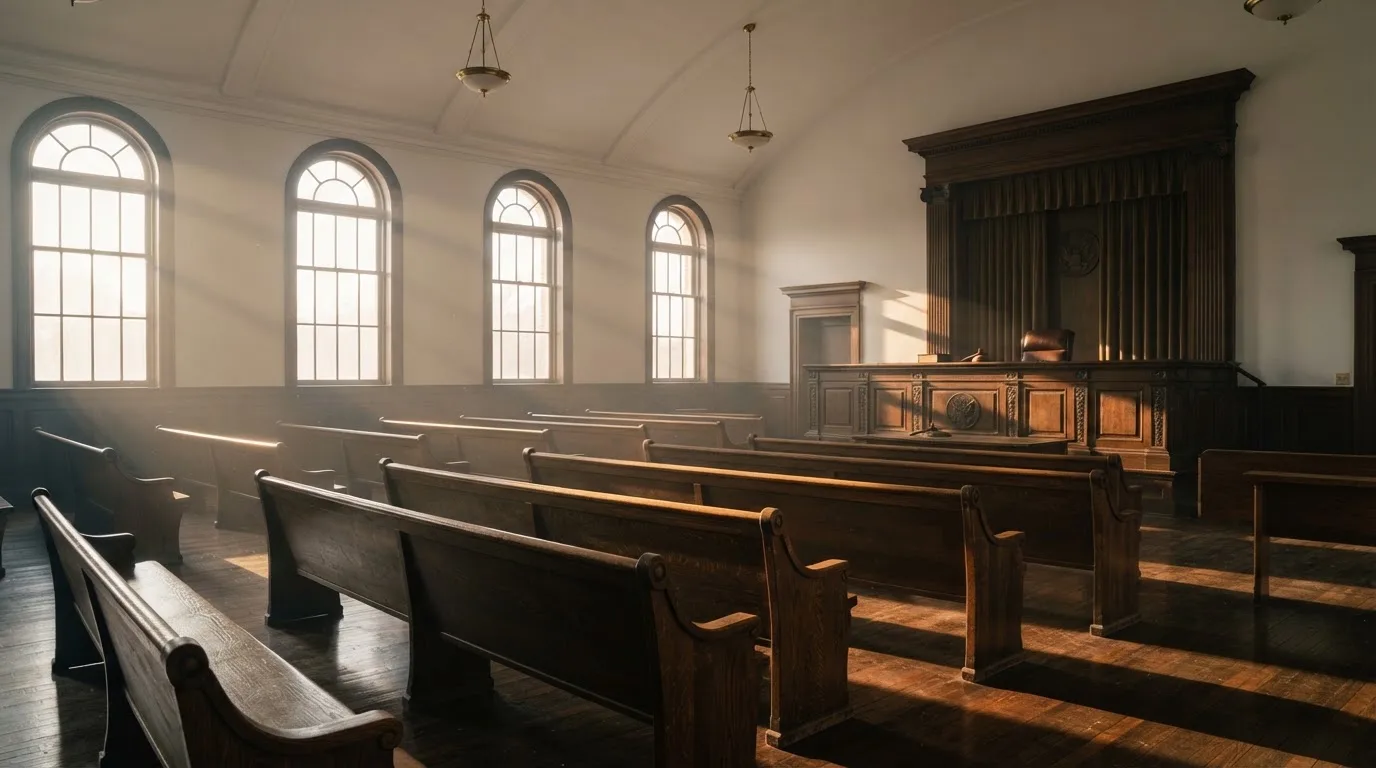 An empty courtroom with wooden benches in morning light