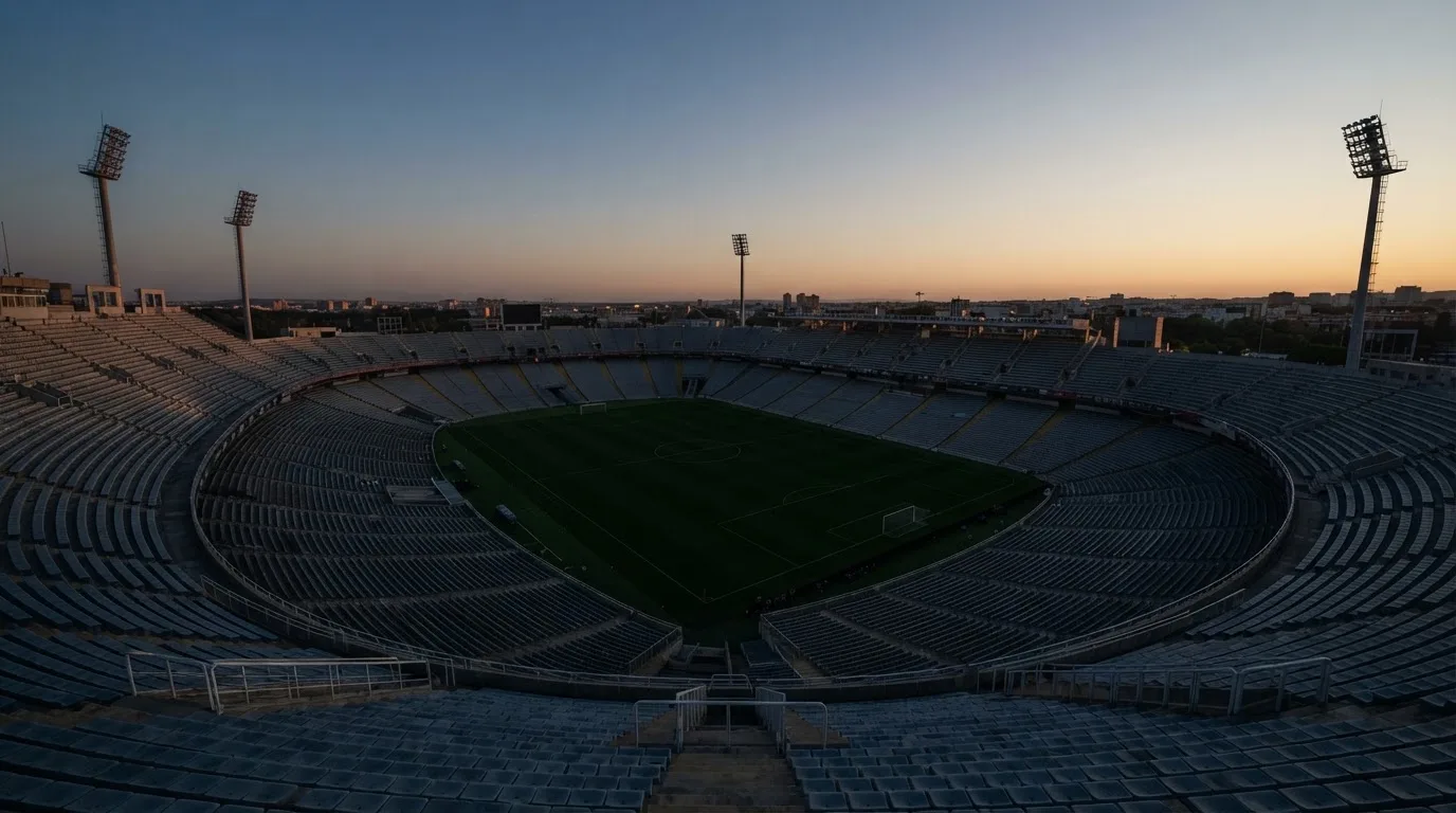 An empty football stadium with floodlight masts at dusk