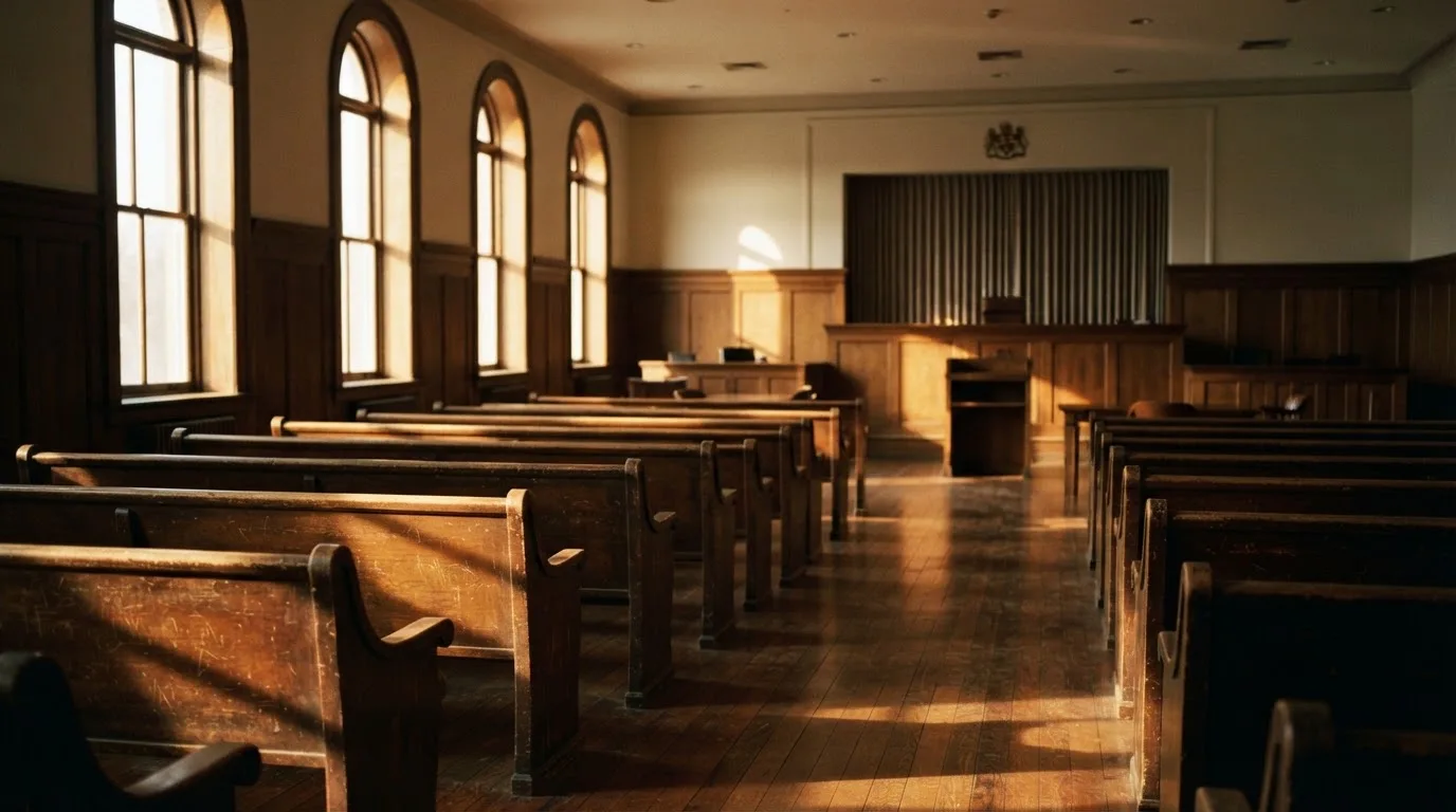 An empty courtroom with wooden benches in morning light