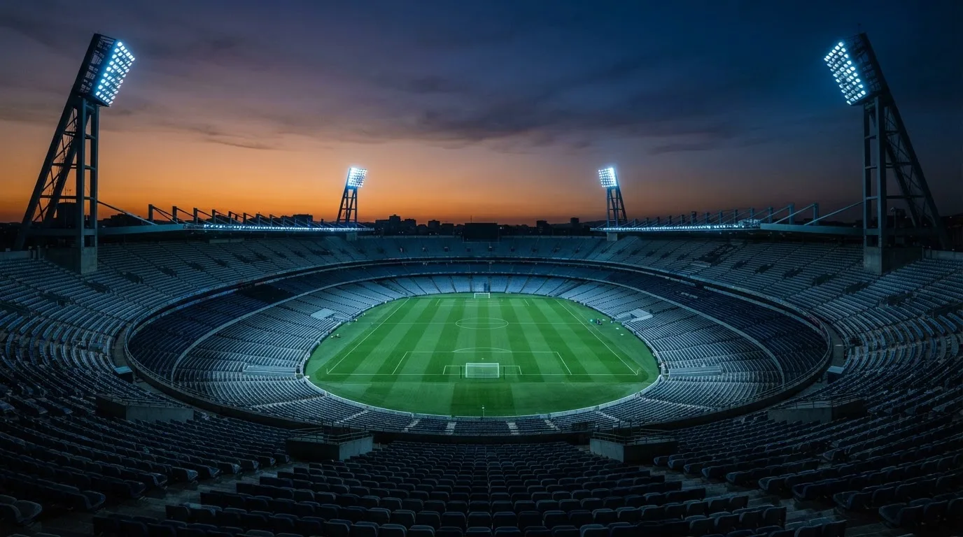 An empty football stadium with floodlight masts at dusk