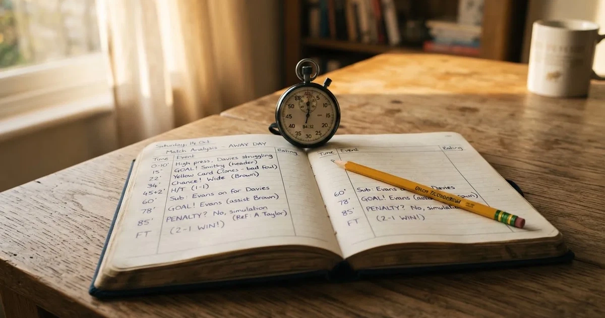 An open notebook with a pencil and a stopwatch on a wooden table