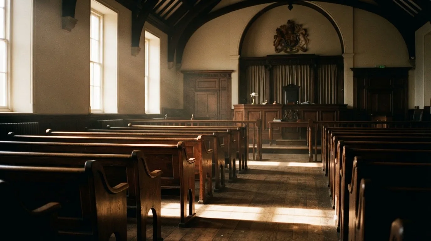 An empty courtroom with wooden benches in morning light