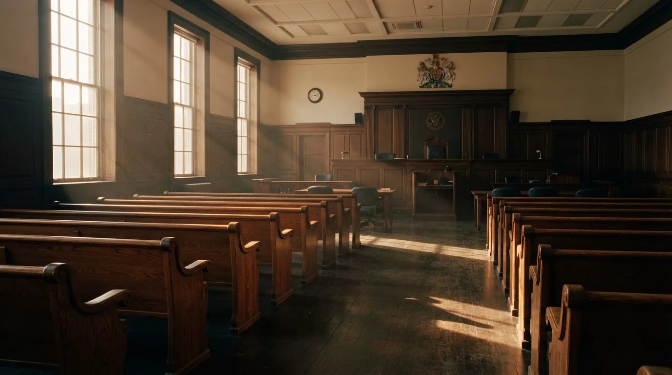 An empty courtroom with wooden benches in morning light