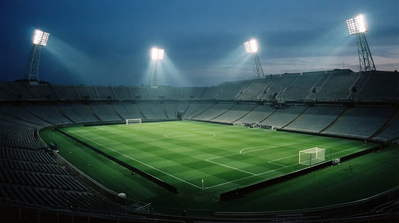 An empty football stadium with floodlight masts at dusk