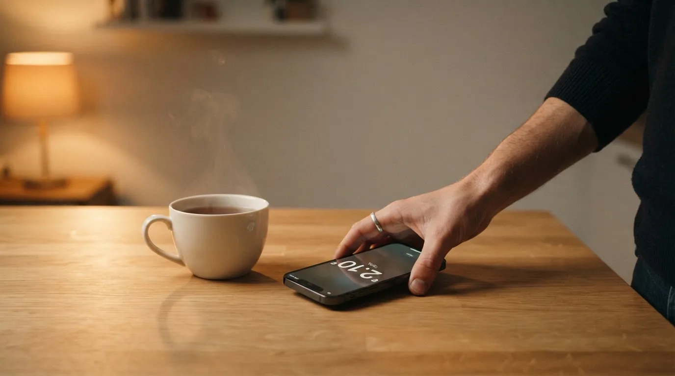 A hand setting a smartphone down beside a cup of tea on a kitchen table on a quiet evening