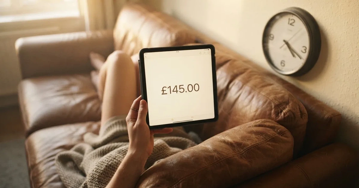 A person on a sofa looking thoughtfully at a tablet, a wall clock in the background